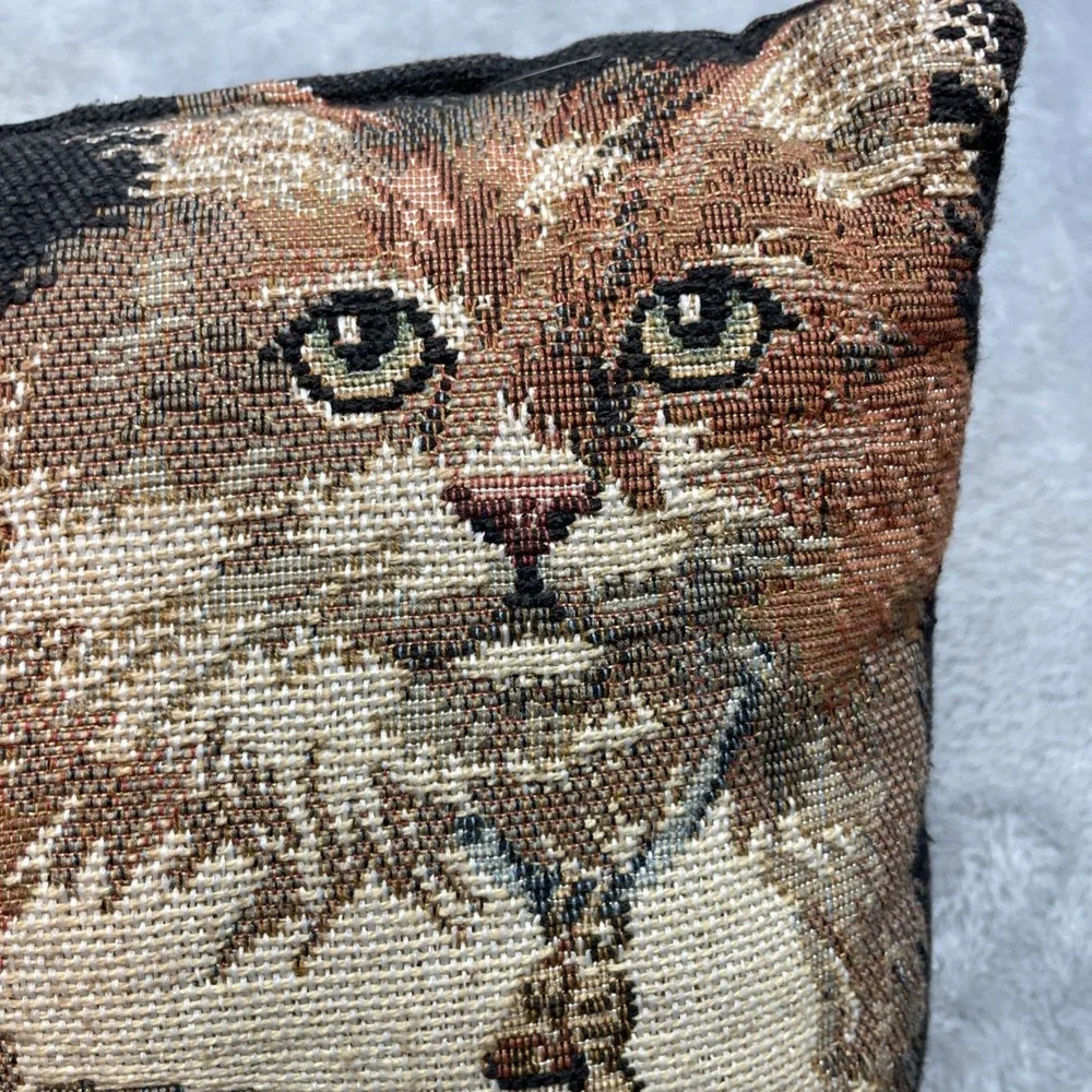 Vintage Mama Cat Kittens Tapestry Throw Pillow 13x8 Neutral Tones Tabby Bolster